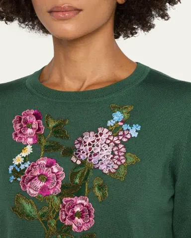 Carolina Herrera Floral Embroidered Silk-Cotton Crewneck Sweater | Thumbnail 5