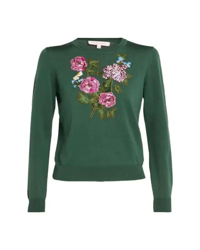 Carolina Herrera Floral Embroidered Silk-Cotton Crewneck Sweater