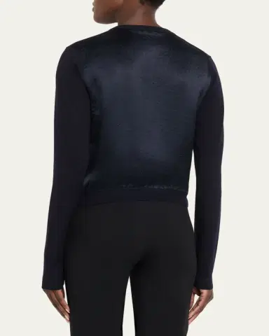 Jason Wu Collection Merino Wool Crewneck Cardigan With Satin Panel | Thumbnail 3 Jason Wu Collection Merino Wool Crewneck Cardigan With Satin Panel | Thumbnail 3
