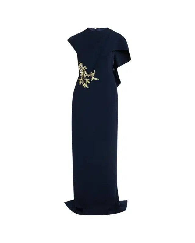 Floral-Embroidered Asymmetric Capelet Gown