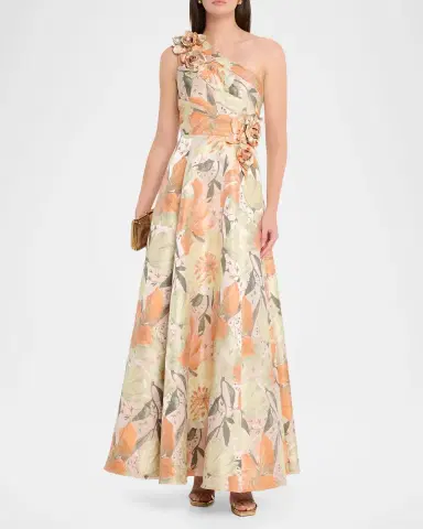 Aidan Mattox Pleated One-Shoulder Floral Jacquard Gown | Thumbnail 2