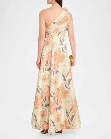Aidan Mattox Pleated One-Shoulder Floral Jacquard Gown | Thumbnail 3