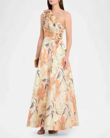 Aidan Mattox Pleated One-Shoulder Floral Jacquard Gown | Thumbnail 4