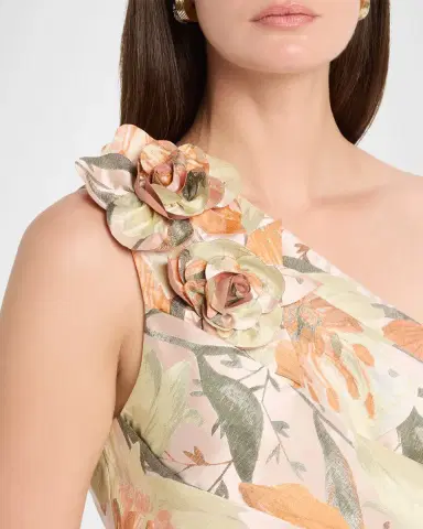 Aidan Mattox Pleated One-Shoulder Floral Jacquard Gown | Thumbnail 5