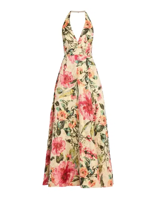 Aidan Mattox Floral Jacquard Plunging Halter Gown