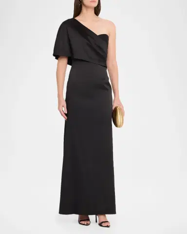Aidan Mattox Draped One-Shoulder Stretch Mikado Gown | Thumbnail 4
