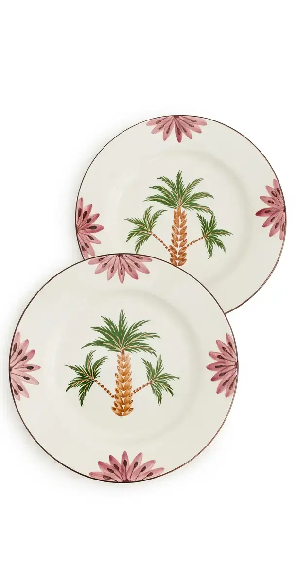 LES OTTOMANS Hand Painted Tree Ceramic Dinner Plate Set Green/Brown/Pink