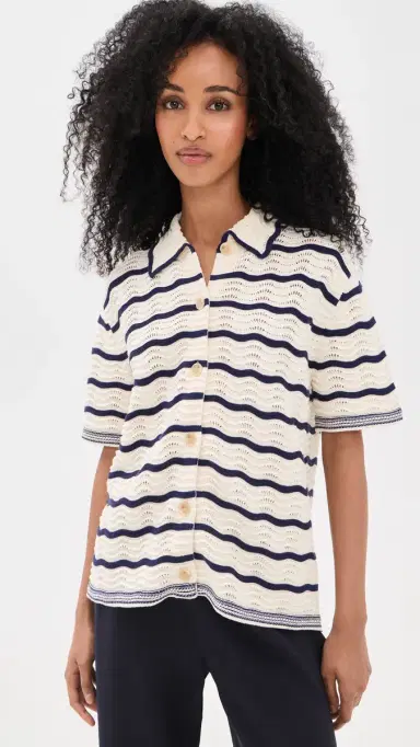 La Ligne Oversized Short Sleeve Shirt Cream/Navy L | Thumbnail 2