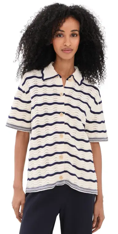La Ligne Oversized Short Sleeve Shirt Cream/Navy L | Thumbnail 1
