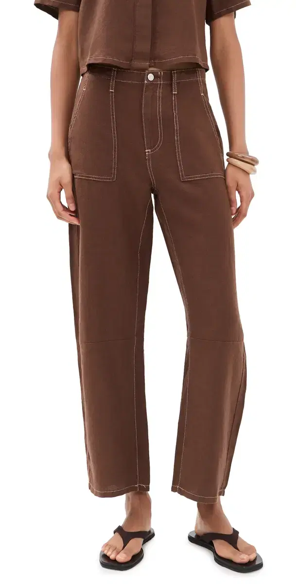 LE JEAN Mid Rise Linen Utility Barrel Pants Cocoa