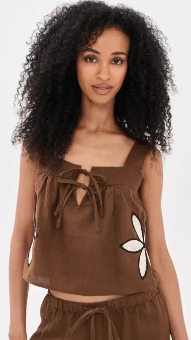 RAILS Calais Linen Blouse Cocoa Floral Embroidery L | Thumbnail 2