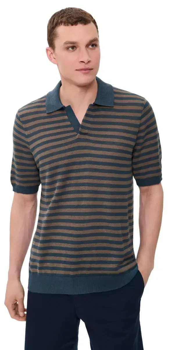 Faherty Linen weater Polo Top Navy Cedar tripe