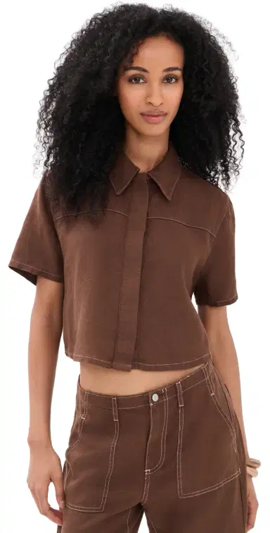 Le Jean Linen Short Sleeve Swing Shirt Cocoa | Thumbnail 1 Le Jean Linen Short Sleeve Swing Shirt Cocoa | Thumbnail 1