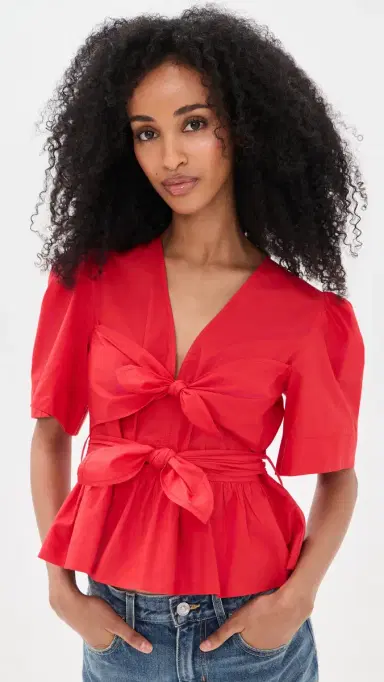 Ganni Cotton Poplin Bow Blouse Racing Red 40 | Thumbnail 2
