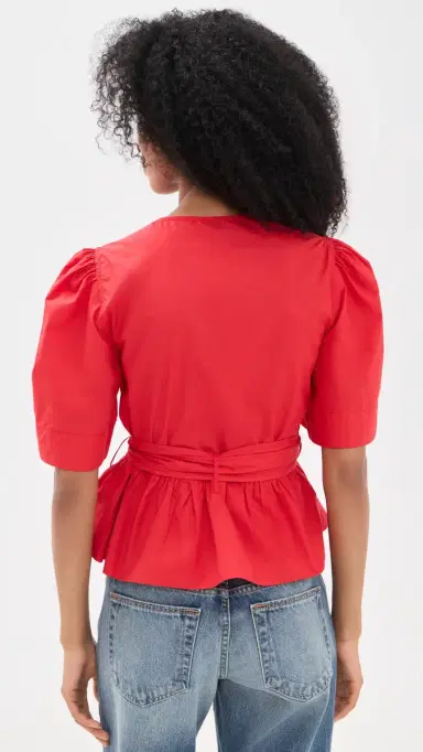Ganni Cotton Poplin Bow Blouse Racing Red 40 | Thumbnail 3