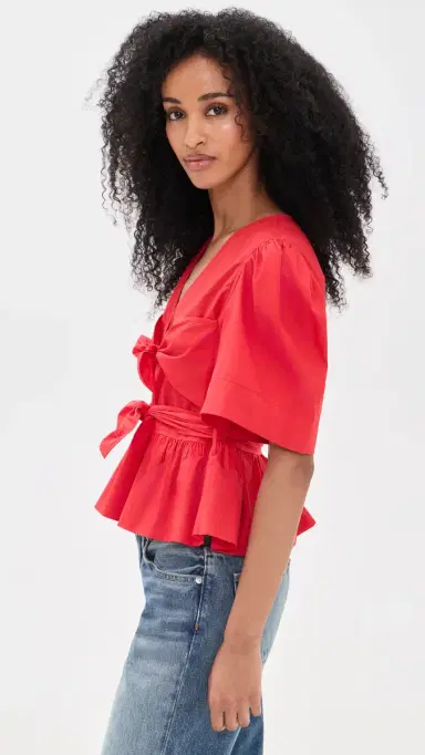 Ganni Cotton Poplin Bow Blouse Racing Red 40 | Thumbnail 4