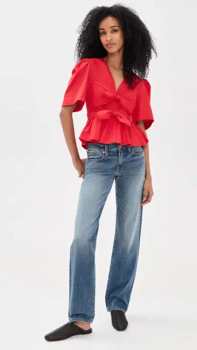 Ganni Cotton Poplin Bow Blouse Racing Red 40 | Thumbnail 5