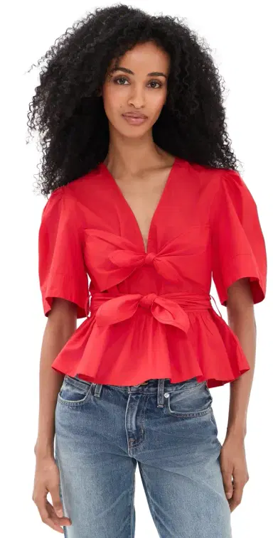 Ganni Cotton Poplin Bow Blouse Racing Red 40 | Thumbnail 1