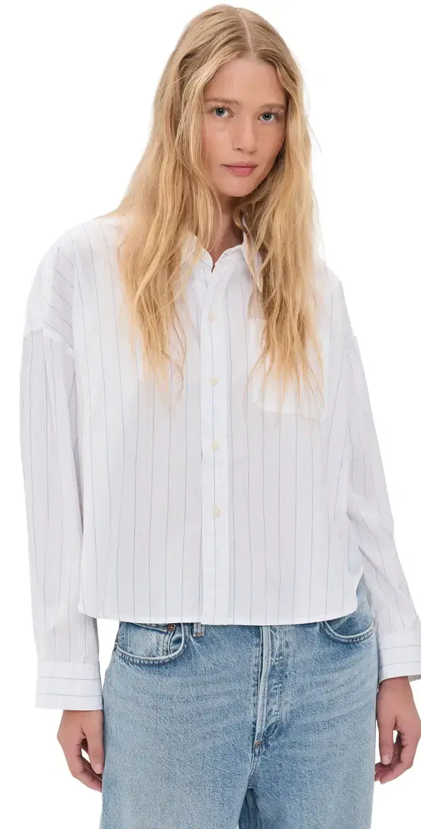 Bailey Cropped Button Down Shirt Light Blue Wide Pinstripe