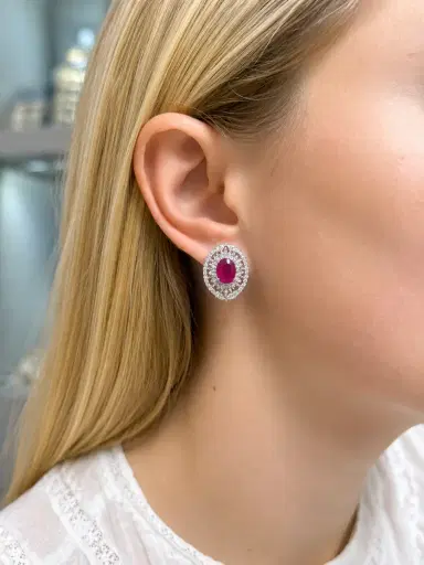 Wish Fine Jewelry 4.01ct Ruby Diamond 18K Gold Halo Earrings | Thumbnail 2