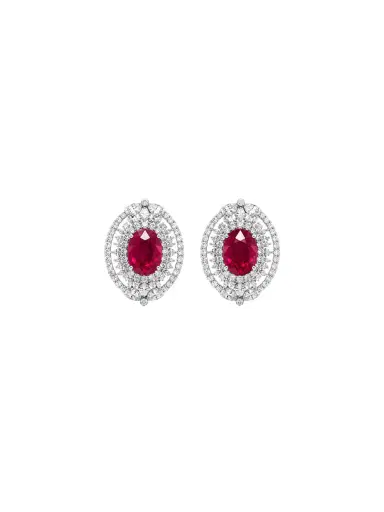 Wish Fine Jewelry 4.01ct Ruby Diamond 18K Gold Halo Earrings | Thumbnail 1
