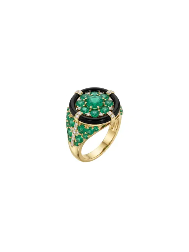 Wish Fine Jewelry 7.19ct Diamond Emerald Onyx 18K Gold Cocktail Ring