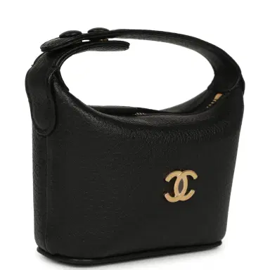 Chanel Chanel Micro Top Handle Round Hobo Pouch Black Grained Calfskin Gold Hardware | Thumbnail 2