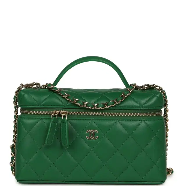 Chanel Chanel Top Handle Long Vanity Case with Chain Green Lambskin Light Gold Hardware