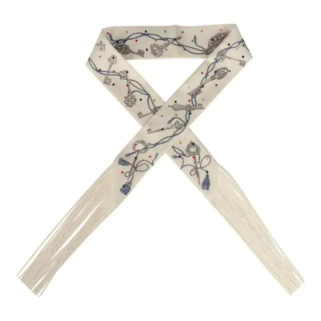 Hermes "Les Cles a Pois" Creme, Gris Perle, Multicolor Fringe Silk Twilly