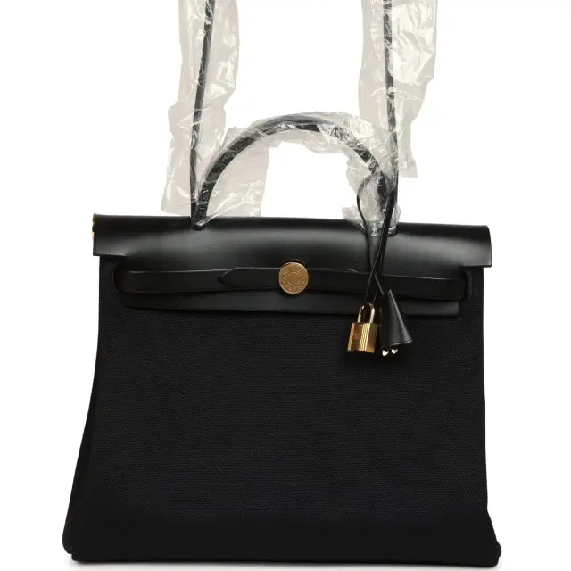 hermes Hermes Herbag Zip 31 PM Black Toile Militaire Canvas and Vache Hunter Gold Hardware