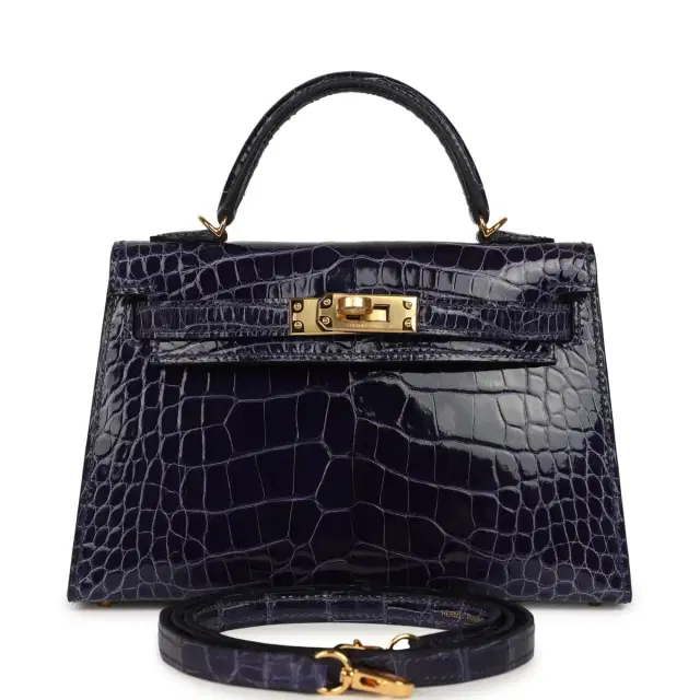 hermes Hermes Kelly Sellier 20 Bleu Encre Shiny Alligator Gold Hardware