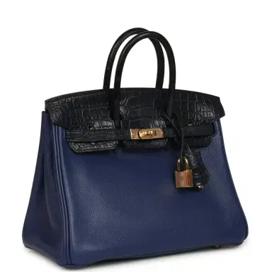 HERMÈS Pre-owned Hermes Birkin 25 Bleu Saphir Taurillion Novillo and Bleu Marine Matte Alligator Touch Rose Gold Hardware | Thumbnail 2