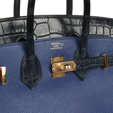 HERMÈS Pre-owned Hermes Birkin 25 Bleu Saphir Taurillion Novillo and Bleu Marine Matte Alligator Touch Rose Gold Hardware | Thumbnail 7