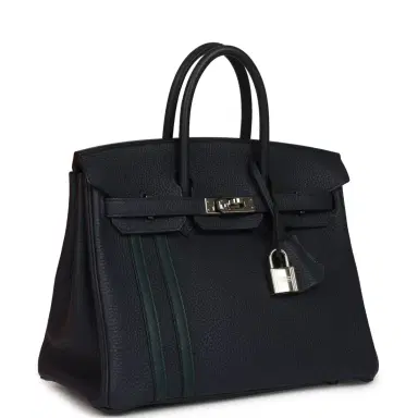 HERMÈS Pre-owned Hermes Officier Birkin 25 Bleu Nuit Togo and Vert Cypress Swift Palladium Hardware | Thumbnail 2