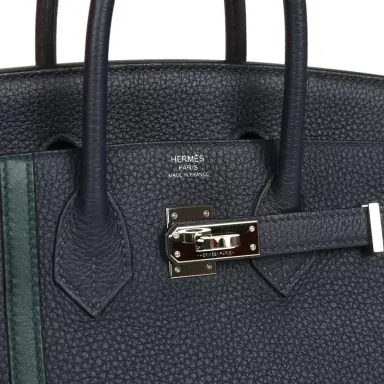 HERMÈS Pre-owned Hermes Officier Birkin 25 Bleu Nuit Togo and Vert Cypress Swift Palladium Hardware | Thumbnail 7