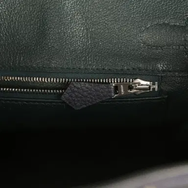 HERMÈS Pre-owned Hermes Officier Birkin 25 Bleu Nuit Togo and Vert Cypress Swift Palladium Hardware | Thumbnail 9