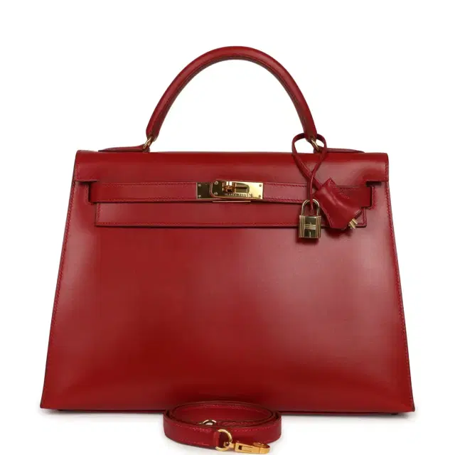 hermes Vintage Hermes Kelly Sellier 32 Rouge Vif Box Gold Hardware