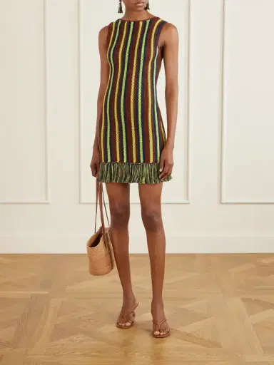 ESCVDO Misti Matcha Striped Fringe-trimmed Crocheted Cotton Mini Dress | Thumbnail 2 ESCVDO Misti Matcha Striped Fringe-trimmed Crocheted Cotton Mini Dress | Thumbnail 2
