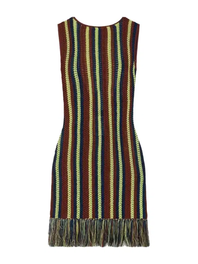 ESCVDO Misti Matcha Striped Fringe-trimmed Crocheted Cotton Mini Dress