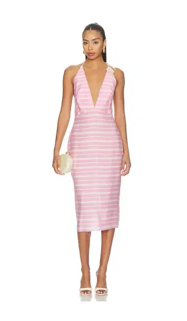 Milkwhite Midi V-neck Dress With Flower Detail | Thumbnail 1