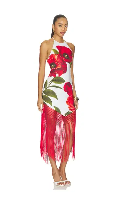 Alice + Olivia Alice + Olivia Mallory Halter Neck Fringe Hem Midi Dress | Thumbnail 2