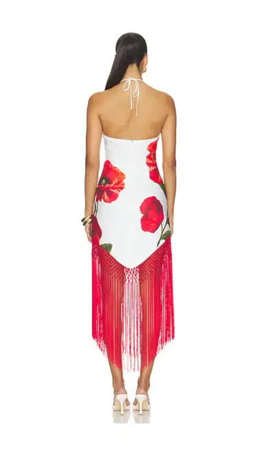 Alice + Olivia Alice + Olivia Mallory Halter Neck Fringe Hem Midi Dress | Thumbnail 3