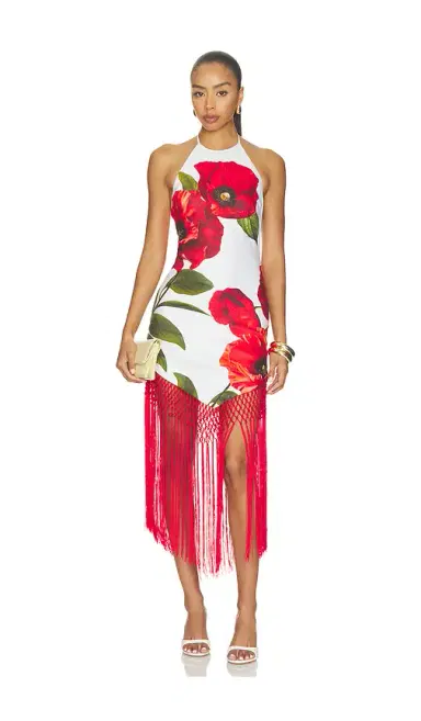 Alice + Olivia Alice + Olivia Mallory Halter Neck Fringe Hem Midi Dress | Thumbnail 1