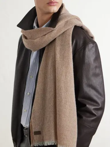 Canali Frayed Herringbone Wool and Cashmere-Blend Scarf - Men | Thumbnail 3 Canali Frayed Herringbone Wool and Cashmere-Blend Scarf - Men | Thumbnail 3