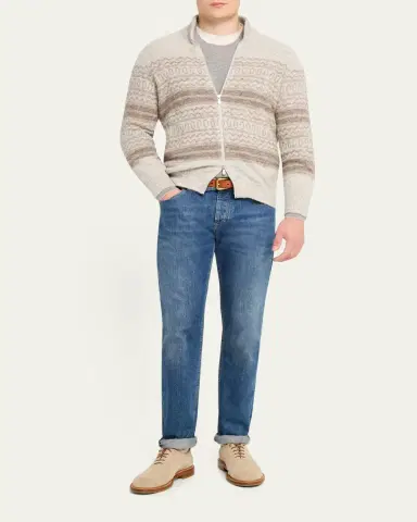Brunello Cucinelli Men's Geometric Stripe Full-Zip Cardigan | Thumbnail 2