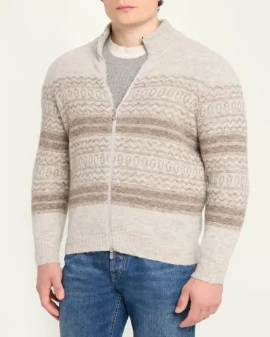 Brunello Cucinelli Men's Geometric Stripe Full-Zip Cardigan | Thumbnail 4