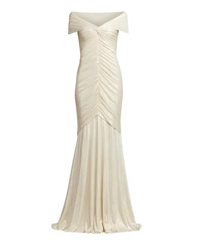 Ruched Off-Shoulder Shimmer Jersey Gown