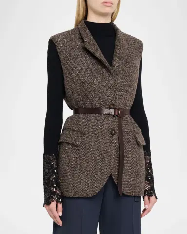 Brunello Cucinelli Wool-Blend Herringbone Belted Vest | Thumbnail 4 Brunello Cucinelli Wool-Blend Herringbone Belted Vest | Thumbnail 4