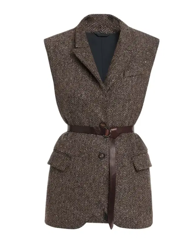 Brunello Cucinelli Wool-Blend Herringbone Belted Vest