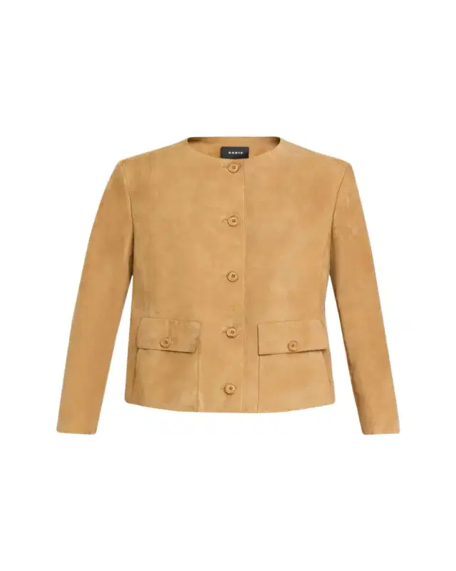Collarless Suede Single-Breasted Jacket
